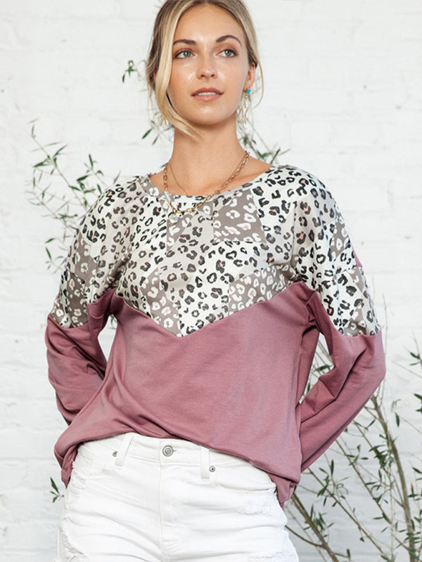 Sweatshirts- Color-Block Leopard Print Sweatshirt- Chuzko Women Clothing