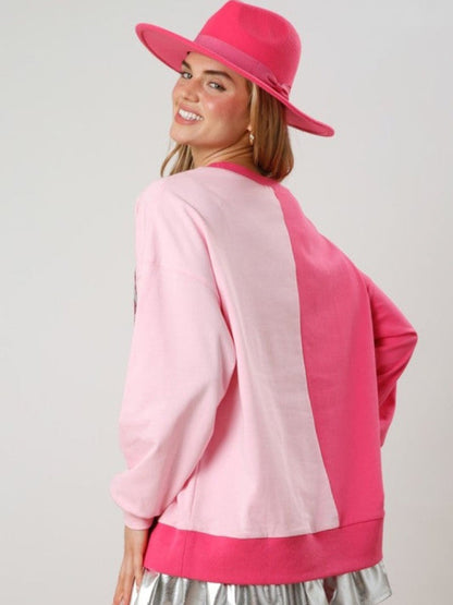 Sweatshirts- Color-Block Pink Festive Sparkle Sweatshirt for Girls- Chuzko Women Clothing