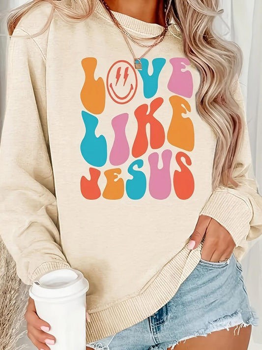 Sweatshirts- Holy Week Women's Love Jesus Print Sweatshirt- Cracker khaki- Chuzko Women Clothing