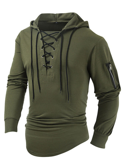 Sweatshirts- Lace-Up Men's Lightweight Hooded Sweatshirt- Chuzko Women Clothing