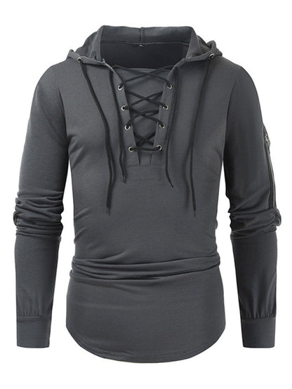 Sweatshirts- Lace-Up Men's Lightweight Hooded Sweatshirt- Chuzko Women Clothing