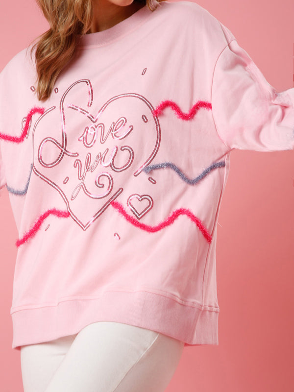 Sweatshirts- Long Sleeve Crew Neck Sweatshirt | Sparkle Patchwork Love Theme Pullover- Chuzko Women Clothing