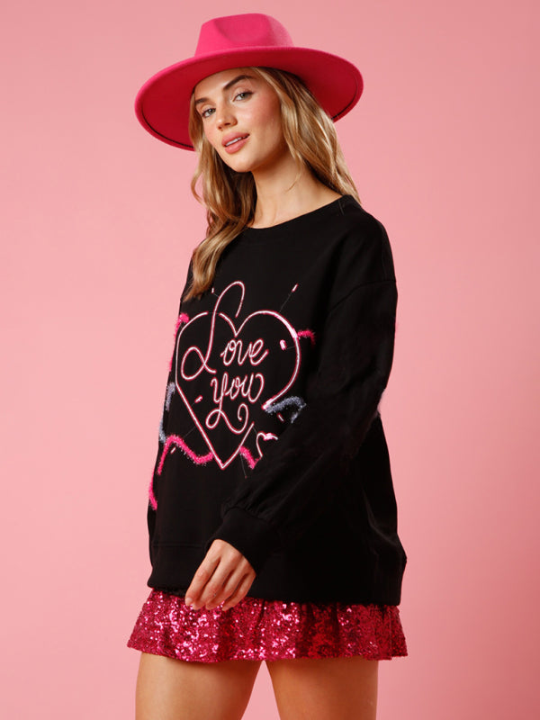 Sweatshirts- Long Sleeve Crew Neck Sweatshirt | Sparkle Patchwork Love Theme Pullover- Chuzko Women Clothing