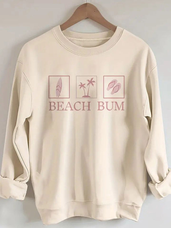 Sweatshirts- Long Sleeve Sporty Beach Bum Print Sweatshirt Pullover- Chuzko Women Clothing