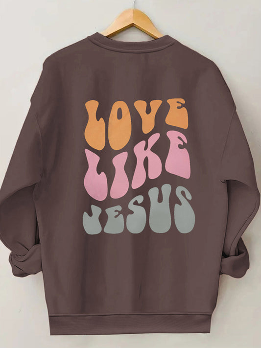 Sweatshirts- Love Like Jesus Print Sweatshirt | Sport Crewneck Pullover- Chuzko Women Clothing