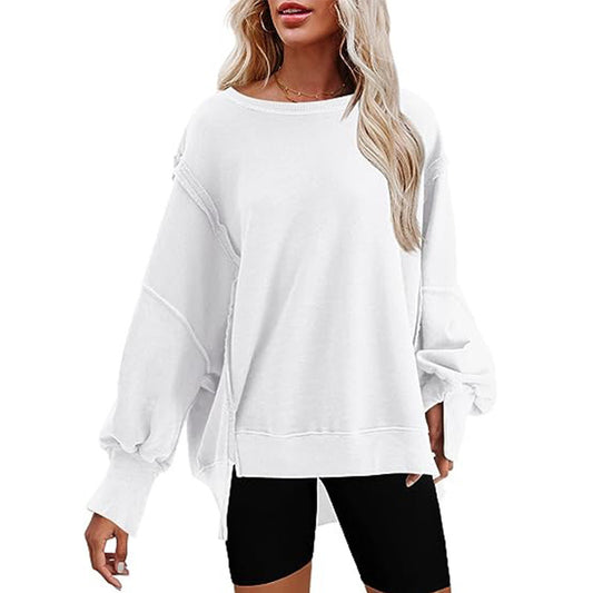 Sweatshirts- Oversized Exposed Seams Sweatshirt - Loose Pullover- White- Chuzko Women Clothing