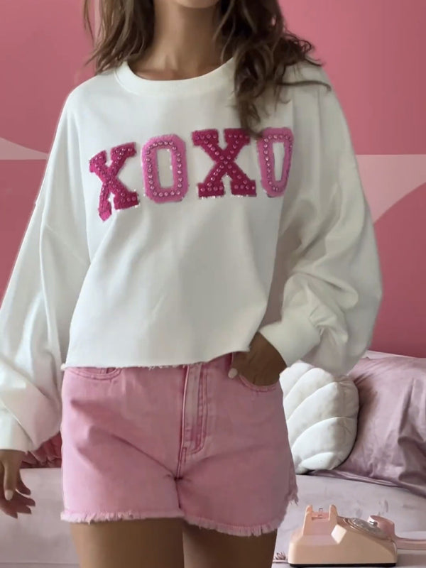 Sweatshirts- Oversized XOXO Embroidered Sweatshirt for Valentine's Day- Chuzko Women Clothing
