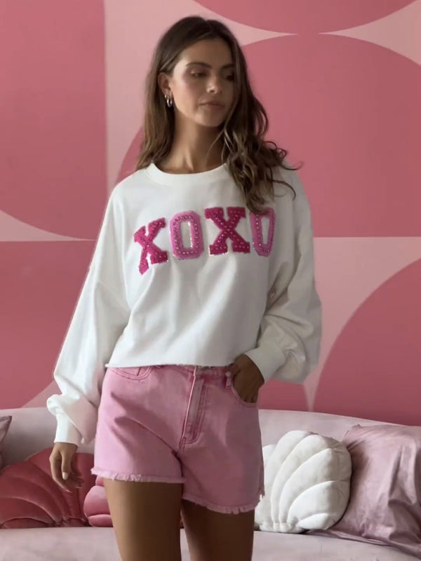Sweatshirts- Oversized XOXO Embroidered Sweatshirt for Valentine's Day- Chuzko Women Clothing