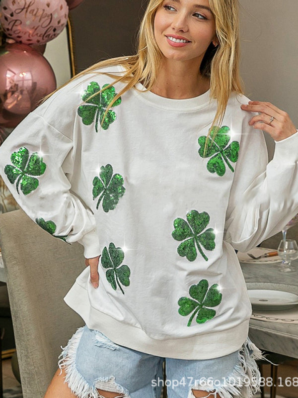 Sweatshirts- Saint Patrick's Day Oversized Sweatshirt with Sparkling Four-Leaf Clover- Chuzko Women Clothing