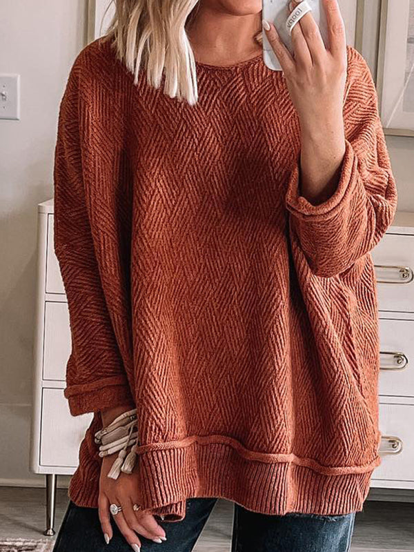 Sweatshirts- Sloppy Textured Oversized Pullover in Rust Hue- Chuzko Women Clothing