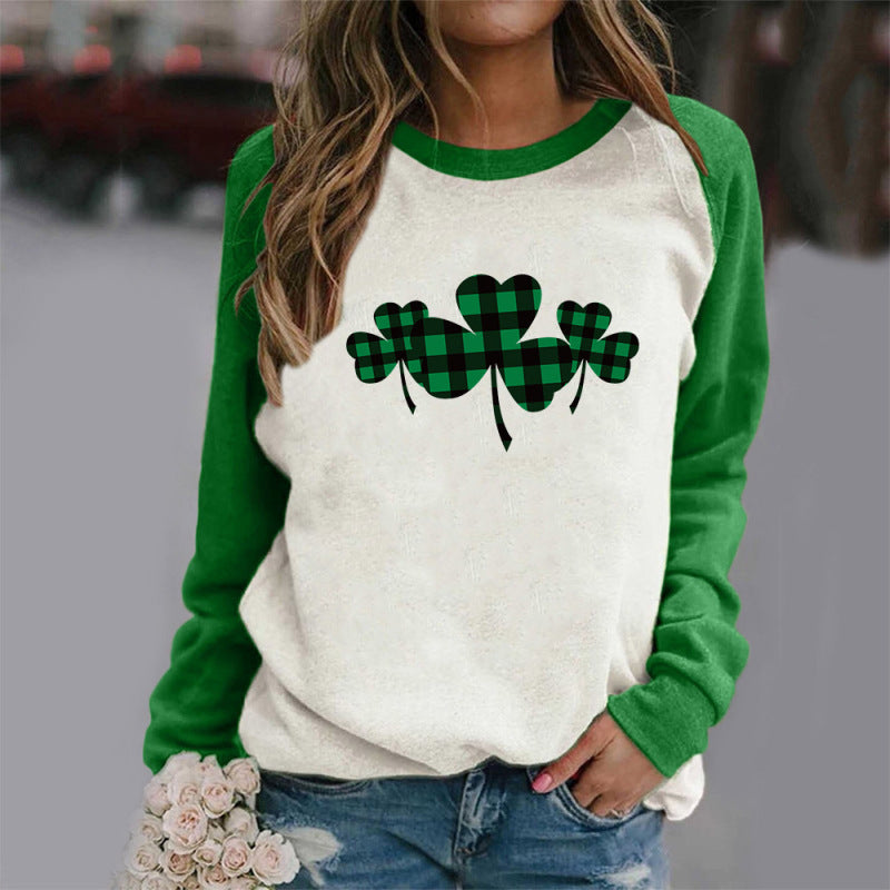 Sweatshirts- St. Patrick's Day Sweatshirt with Lucky Clover Print- Chuzko Women Clothing