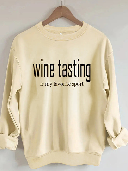 Sweatshirts- Wine Tasting Print Sweatshirt - Women's Favorite Sport Pullover- Cracker khaki- Chuzko Women Clothing