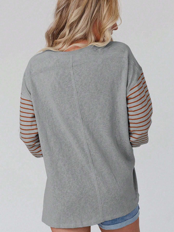 Sweatshrits- Stripe Pullover | Sport Color Block Long Sleeve Top- Chuzko Women Clothing