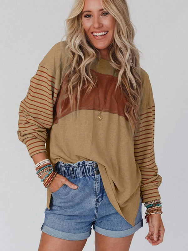 Sweatshrits- Stripe Pullover | Sport Color Block Long Sleeve Top- Chuzko Women Clothing