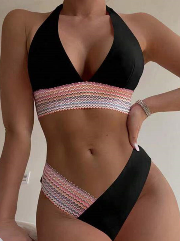 Swimsuits- 2 Piece Swimsuit - Triangle Padded Bra & High-Cut Bikini with Elastic Stripes- Black- Chuzko Women Clothing