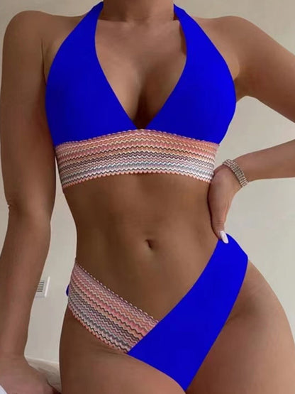 Swimsuits- 2 Piece Swimsuit - Triangle Padded Bra & High-Cut Bikini with Elastic Stripes- Royal blue- Chuzko Women Clothing