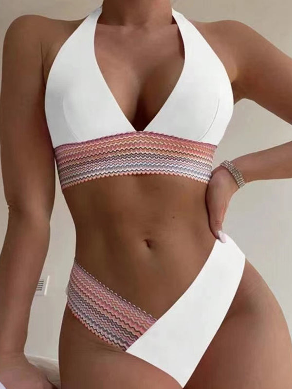 Swimsuits- 2 Piece Swimsuit - Triangle Padded Bra & High-Cut Bikini with Elastic Stripes- White- Chuzko Women Clothing