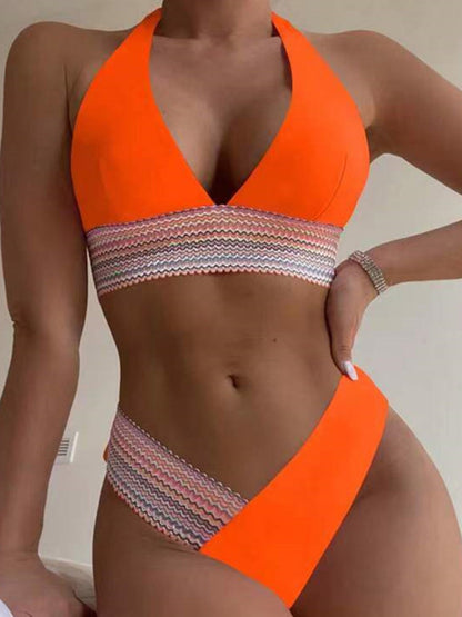 Swimsuits- 2 Piece Swimsuit - Triangle Padded Bra & High-Cut Bikini with Elastic Stripes- Orange- Chuzko Women Clothing