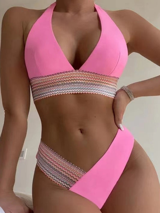 Swimsuits- 2 Piece Swimsuit - Triangle Padded Bra & High-Cut Bikini with Elastic Stripes- Pink- Chuzko Women Clothing
