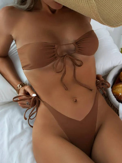 Swimsuits- Summer 2-Piece Wireless Bandeau Bra & Tie-Side Thong Bikini- Chuzko Women Clothing