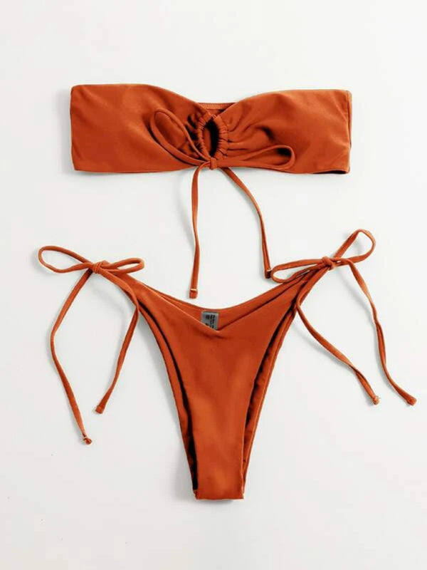 Swimsuits- Summer 2-Piece Wireless Bandeau Bra & Tie-Side Thong Bikini- Chuzko Women Clothing