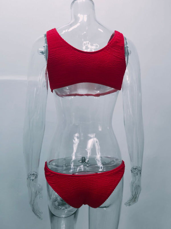 Swimsuits- Textured 2-Piece Sport Bra and Bikini Bottom Swimwear- Chuzko Women Clothing