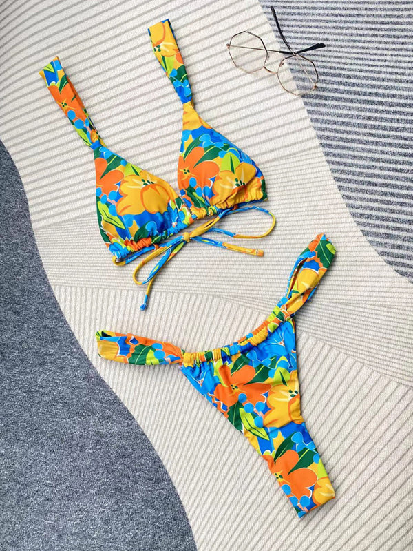 Swimsuits- Tropical 2 Piece Brazilian Bikini - Triangle Bra and High Cut Thong Swimwear- Chuzko Women Clothing