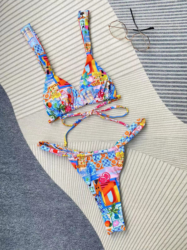 Swimsuits- Tropical 2 Piece Brazilian Bikini - Triangle Bra and High Cut Thong Swimwear- Chuzko Women Clothing