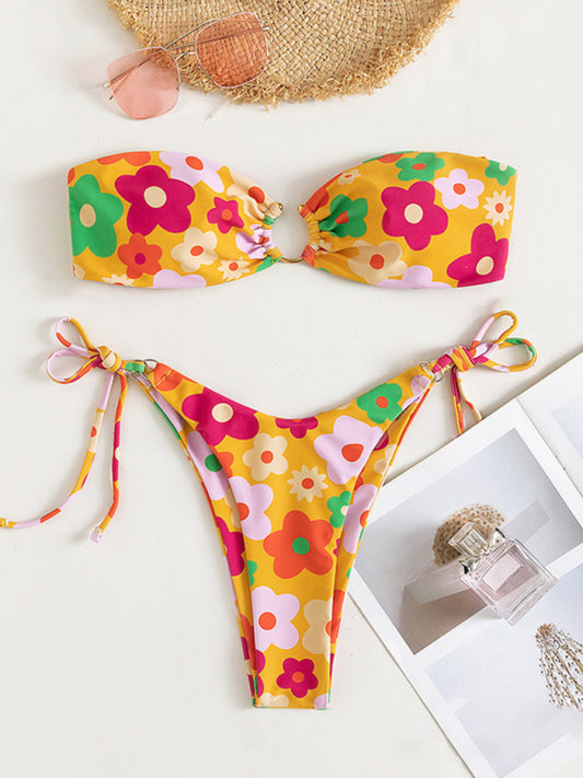 Swimsuits- Wireless Bandeau Bra with Tie-Side Bikini - 2 Piece Floral Swimwear- Yellow- Chuzko Women Clothing
