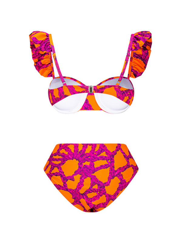 Fuchsiafarbene dreiteilige Bademode mit Rüschen – Push-Up-BH mit Bügel &amp; Bikini &amp; Rock