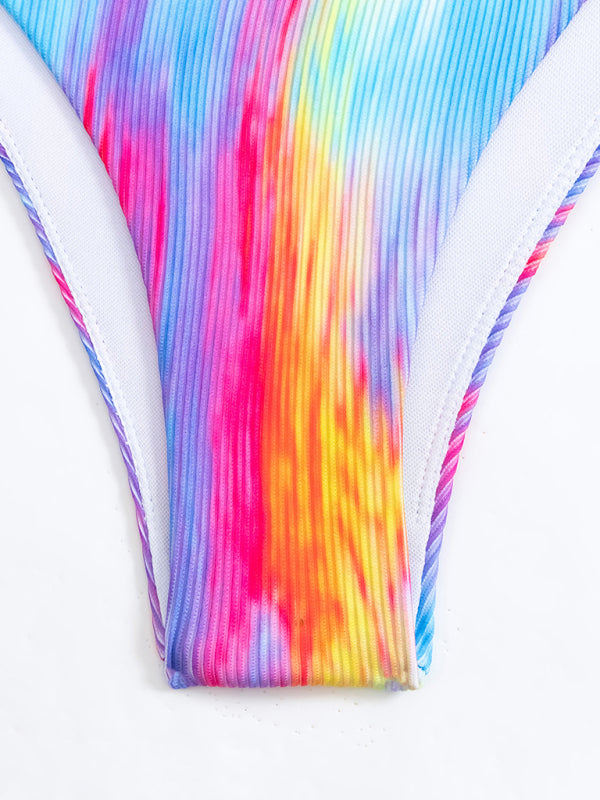 2-teilige Badebekleidung mit Farbverlauf in Regenbogenfarben – kabelloser Neckholder-BH und Bikinihose