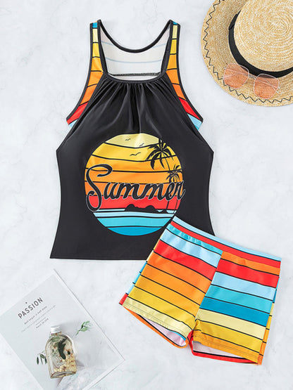 Swimwear- 2-Piece Hawaiian Stripe Tankini Bathing Suit | Tank Top and Boyshorts- Chuzko Women Clothing