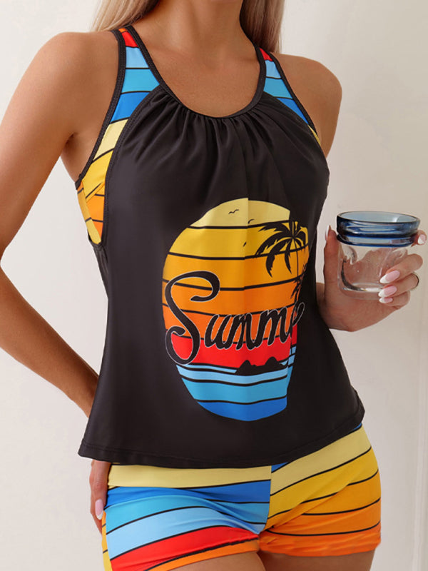 Swimwear- 2-Piece Hawaiian Stripe Tankini Bathing Suit | Tank Top and Boyshorts- Chuzko Women Clothing