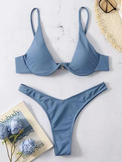 Swimwear- 2 Piece High-Leg Brazilian Bikini with Underwire Triangle Bra- Blue grey- Chuzko Women Clothing