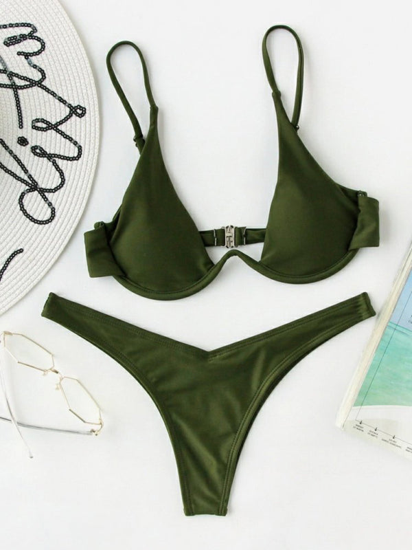 Swimwear- 2 Piece High-Leg Brazilian Bikini with Underwire Triangle Bra- Olive green- Chuzko Women Clothing