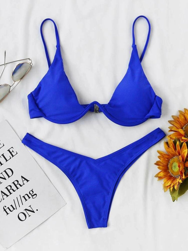 Swimwear- 2 Piece High-Leg Brazilian Bikini with Underwire Triangle Bra- Royal blue- Chuzko Women Clothing