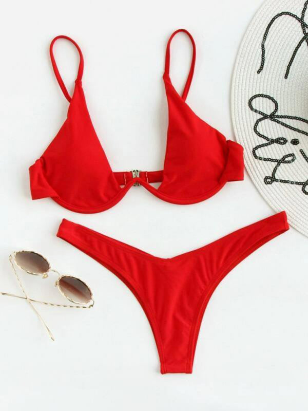 Swimwear- 2 Piece High-Leg Brazilian Bikini with Underwire Triangle Bra- Red- Chuzko Women Clothing