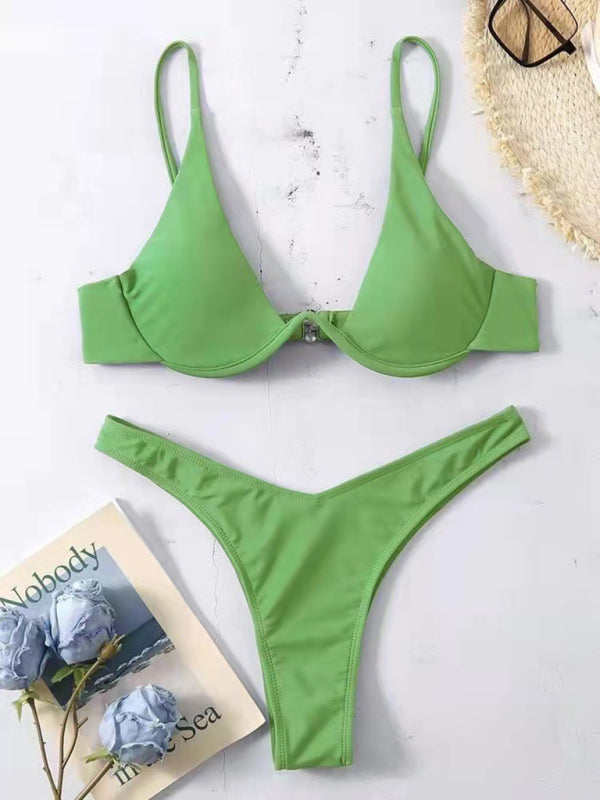 Swimwear- 2 Piece High-Leg Brazilian Bikini with Underwire Triangle Bra- Pale green- Chuzko Women Clothing