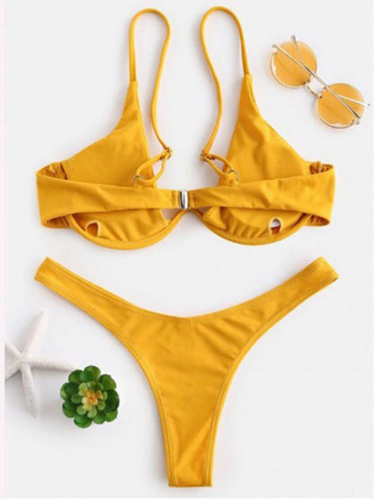 Swimwear- 2 Piece High-Leg Brazilian Bikini with Underwire Triangle Bra- Yellow- Chuzko Women Clothing