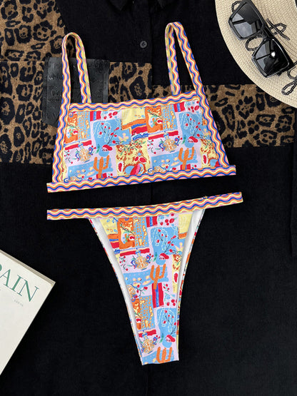 Swimwear- 2 Piece String Bikini Colorful Bandeau Bra & High Cut Thong Swimwear- Chuzko Women Clothing