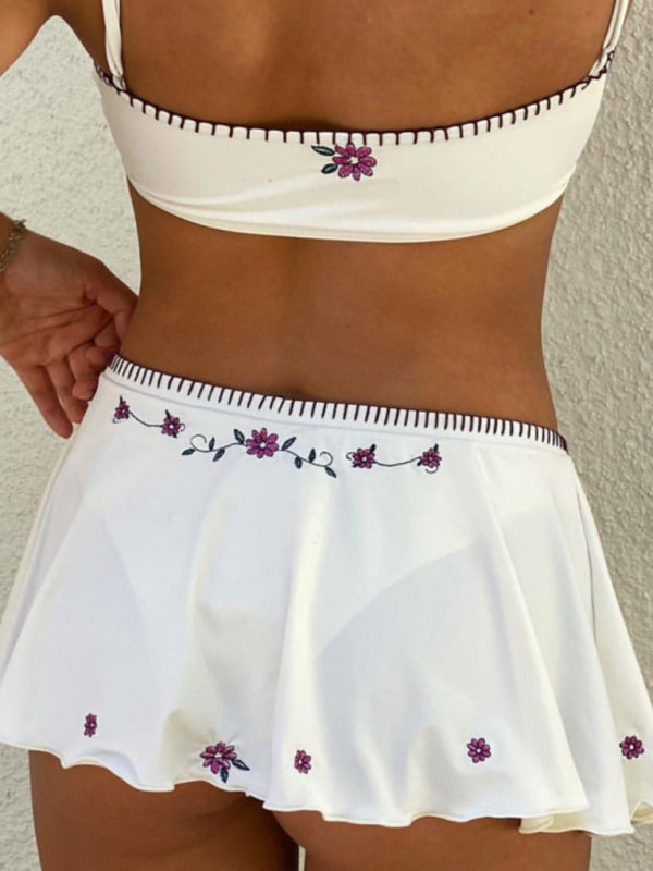 Swimwear- 2 Piece Swim Set - Floral Embroidered Bikini Set with Ruffled Skirt Thong Liner- - Chuzko Women Clothing
