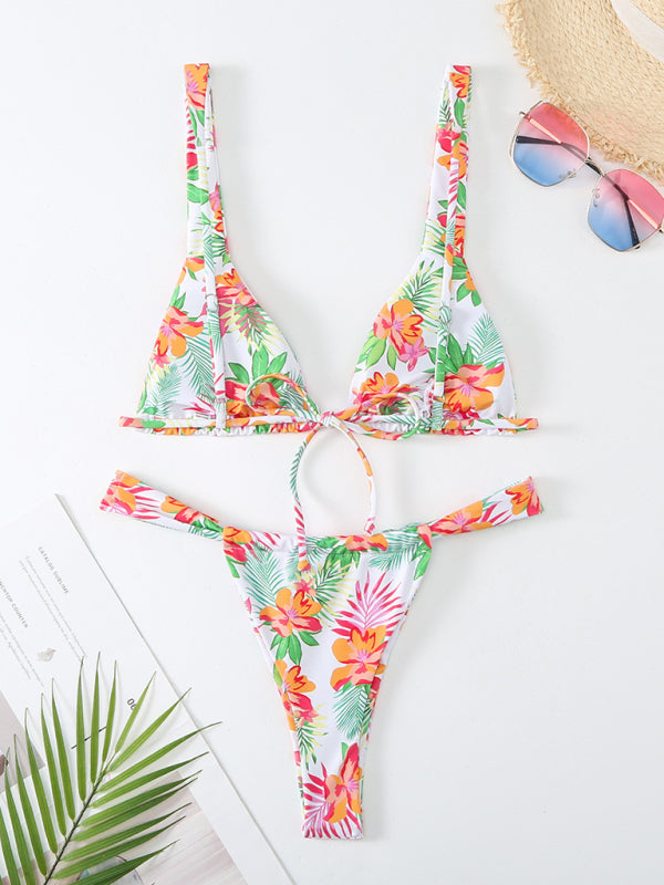 Swimwear- 2 Piece Tropical Print Wireless Triangle Bra & Bikini Swimsuit- Chuzko Women Clothing