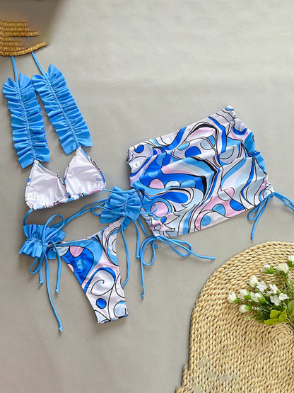 Swimwear- 3 Piece Ruffle Swimwear Triangle Bra & Tie-Side Bikini & Cover-Up in Colorful Print- Chuzko Women Clothing