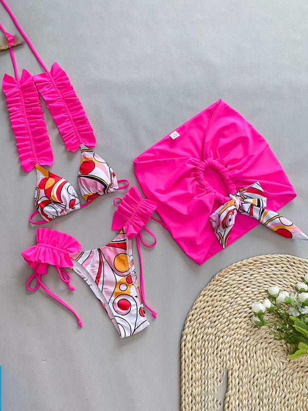 Swimwear- 3 Piece Ruffle Swimwear Triangle Bra & Tie-Side Bikini & Cover-Up in Colorful Print- Chuzko Women Clothing