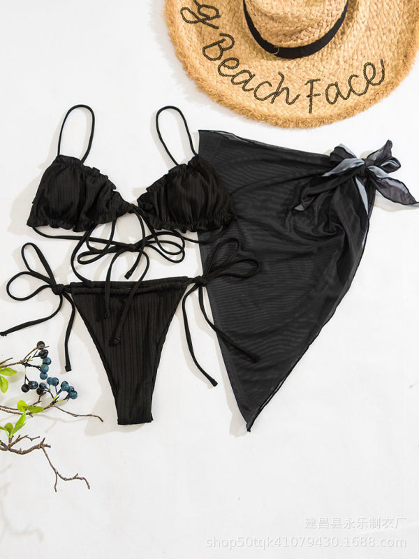 Swimwear- 3-Piece String Bikini Swimwear - Triangle Ruched Bra & Tie-Side Bottoms & Cover-Up- Chuzko Women Clothing