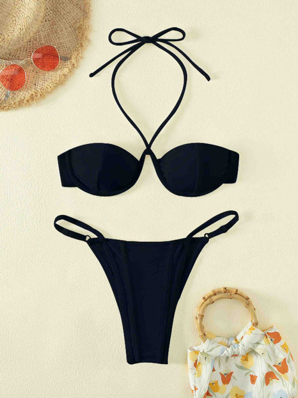 Swimwear- Beach Underwire Bandeau Halter Bra & Ruched 2-Piece Bikini Set- Chuzko Women Clothing