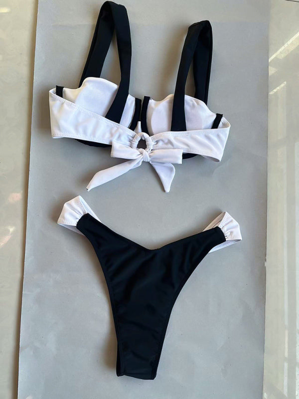 Swimwear- Black and White 2 Piece Swimwear - Underwire Bra & Cheeky Bikini- Chuzko Women Clothing