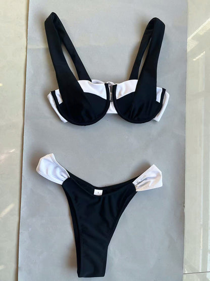 Swimwear- Black and White 2 Piece Swimwear - Underwire Bra & Cheeky Bikini- Chuzko Women Clothing
