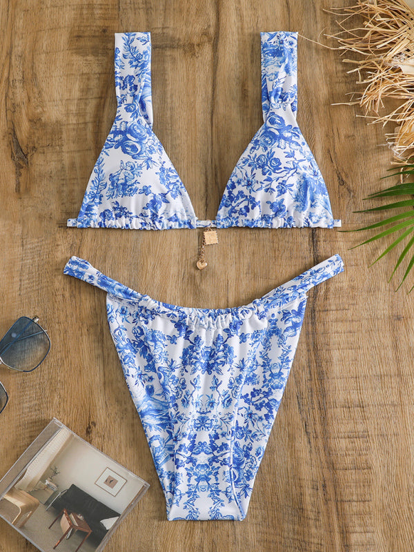 Swimwear- Blue Print 2 Piece Swimwear | Wireless Triangle Bra & Bikini- Chuzko Women Clothing