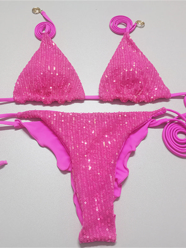 Swimwear- Brazilian Sparkle Sequin 2 Piece Swimwear | Triangle Bra & Tie-Side Bikini- Chuzko Women Clothing